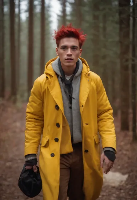 Guy with black eyes with red spiky hair wearing a yellow coat with the baggage on his back with brown skin in a chanted forest with a horse that’s White with red eyes at night time