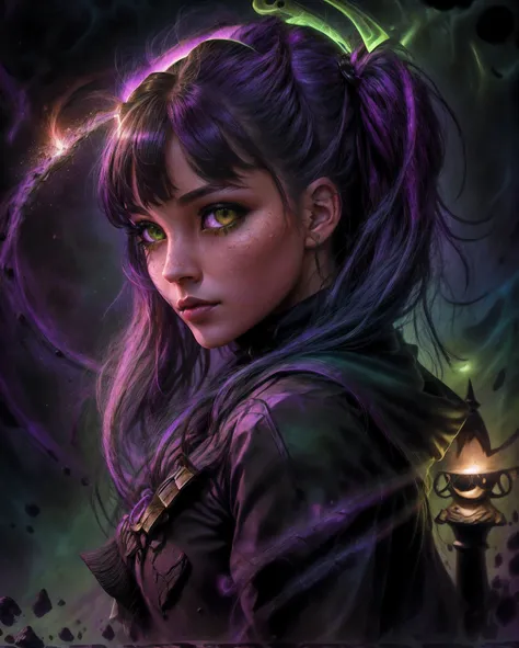 ((Close-up portrait of a girl with green eyes)), with glowing purple eye light, Violet luminous rays, dark fantasy portrait, Portrait in profile, (Cheeky face). Dark Fantasy, realistic 4k digital art, (Dark), sexy girl with green eyes, ((Gloomy color schem...