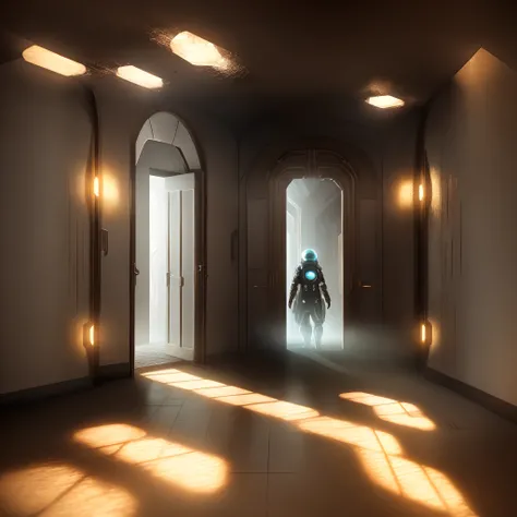 a dimly lit room with a person walking through it, depicted as a scifi scene, deeper into the metaverse we go, entering the mind maze, the encrypted metaverse, futuristic hall, open portal to another dimension, liminal space hallway, surreal sci fi set des...