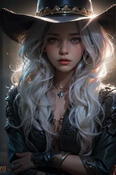 Hyperrealist portrait of female by fantasy art, photo realistic, dynamic lighting, artstation, poster, volumetric lighting, very detailed faces, 4k, award winning,, 1girl, in the dark, deep shadow, low key, cowboy shot, long hair, white hair,