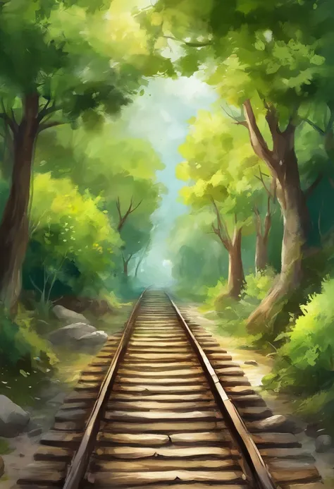 There is a beauty standing on the train tracks, landscape artwork, Anime background art, lofi art, Detailed view – width 672, scenery art detailed, Loepfe Art Style, beautiful anime landscape, made with anime painter studio, background artwork, spring tree...