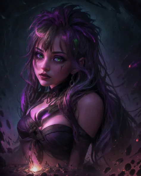 Sexy girl with green eyes close-up, with glowing purple eye light, Violet luminous rays, dark fantasy portrait, Portrait in profile, (Cheeky face). Dark Fantasy, realistic 4k digital art, (Dark), ((Gloomy color scheme:1.5)), (NSFW), (A very dark room, litt...