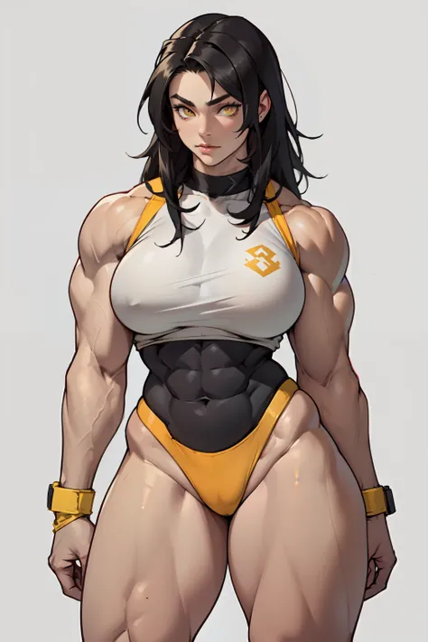 ((((1girl bodybuilder muscular)))) pale skin black hair very long hair yellow eyes long abs ((curvy wide hips thick thighs huge breasts grey background))