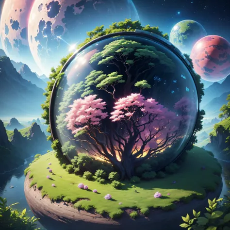 (((masutepiece))) (((Best Quality))) glass sphere, The tree々Close-ups of planets with lots of, Overgrown planet, Green Planet, World of Fractals, A world full of fantasy, Fantasy Planet, dyson sphere, Pink Planet, 3d render beeple, planet landscape, Round ...