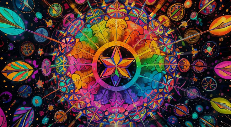 Immerse us in the vibrant colors and psychedelic art of the 1970s channeling the spirit of Peter Max with a kaleidoscope of hues,  swirling patterns and an atmosphere of peace and love.  50, --v 5.2HDR, UHD 32k. --AR 16:9. seed 777 --s 2