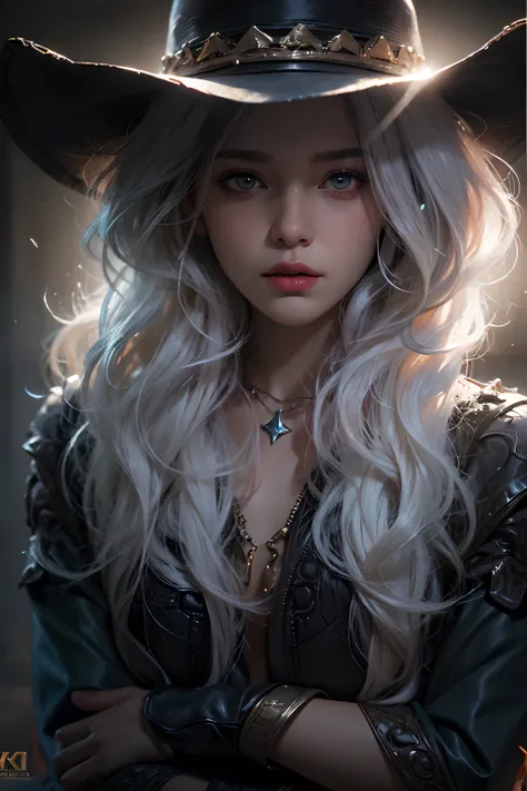 Hyperrealist portrait of female by fantasy art, photo realistic, dynamic lighting, artstation, poster, volumetric lighting, very detailed faces, 4k, award winning,, 1girl, in the dark, deep shadow, low key, cowboy shot, long hair, white hair,