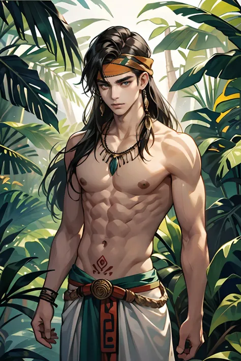 1 boy,Tall and strong,Perfect male body, eyes look at camera.(amazon indigenous male, Dark skin, primitive tattoo),Long hair, headband, feather necklace,serious expression, indigenous people, stand in forest,tropical rainforest,Ray tracing