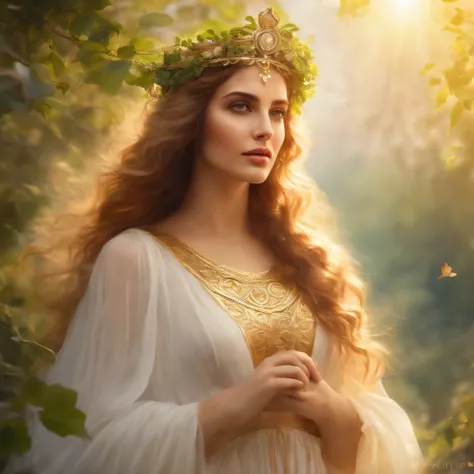 (best quality,highres),A Greek maenad,beautiful detailed eyes,beautiful detailed lips,flowing locks of hair,golden crown,wearing a flowing white dress,floating-like movements,dancing in a rural landscape surrounded by lush greenery,with sunlight filtering ...