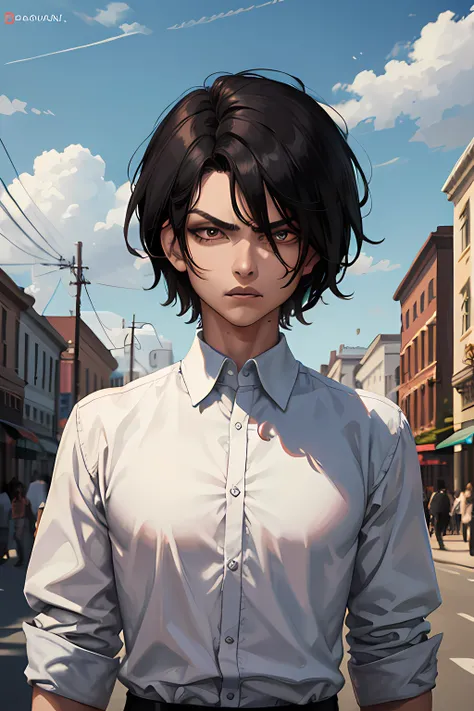 1men, portrait, 25 years old, angry, crazy, black hair, golden eyes, short hair, white shirt, blood, solo, spectator look, upper body, sky, (masterpiece:1.2, best quality)