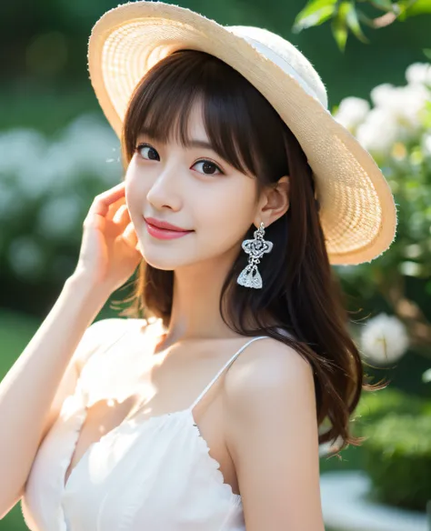 ((Masterpiece)), 8k, Masterpiece, Best Quality, 1 Girl, Solo, Realistic, Garden, Photorealistic, Super Detailed, Detailed Background, (Solo:1.4), Portrait in the Center, ((Super High resolution waist shot)), facing forward, happy expression, slender figure...