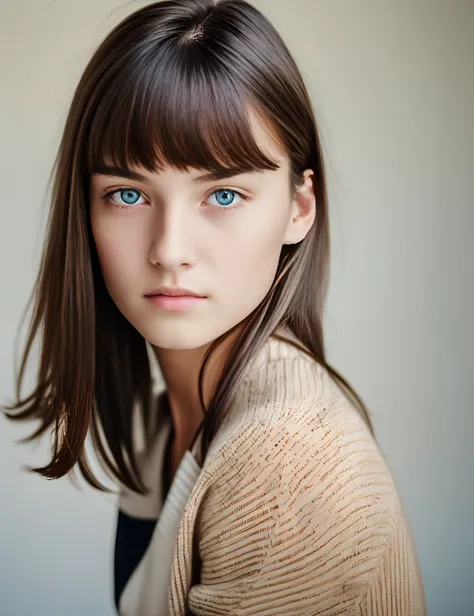 A very white and thin 19-year-old woman with black hair, her eyes are brown