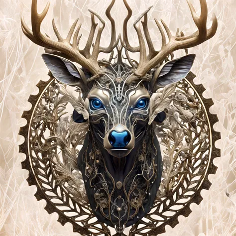 Close-up of deer head in round design, style of hydro74, anthropomorphic deer, highly detailed vector art, anthropomorphic deer female, 3D design of tattoo, an anthropomorphic deer, Bucks wearing crowns, anthropomorphic female deer, cyborg jackalope cyberp...