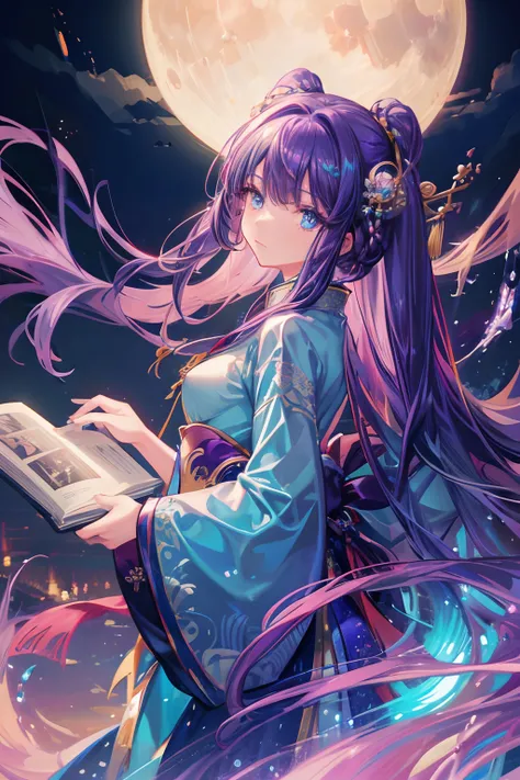 masterpiece, best quality, night, moon, game_cg, artbook, girl, long hair, purple hair, hime_cut, looking at viewer, aqua eyes, small breasts, Chinese costume