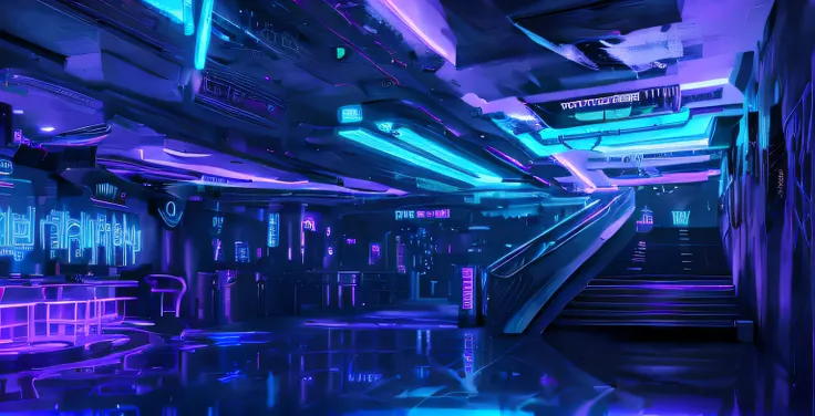 a dimly lit room with a bar and stairs leading to a bar, cyberpunk nightclub, sci-fi night club, stern blue neon atmosphere, nig...