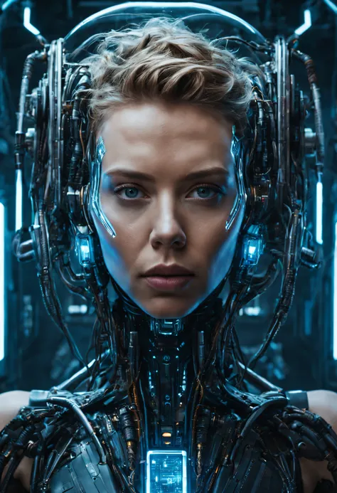 In the heart of a neon-drenched dystopian laboratory, cyberpunk cyborg, Its face is a weird perfect recreation of Scarlett Johansson, The bracket is wrapped in a translucent tube. uncanny, The mirrored surface of the labs alien machine reflects the robots ...