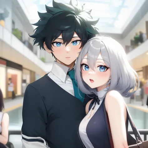 anime couple in a mall with a shopping center in the background, anime style 4 k, anime style. 8k, boku no hero academia style, high quality anime artstyle, high quality fanart, in anime style, sasoura, anime art style, 4 k manga wallpaper, in an anime sty...