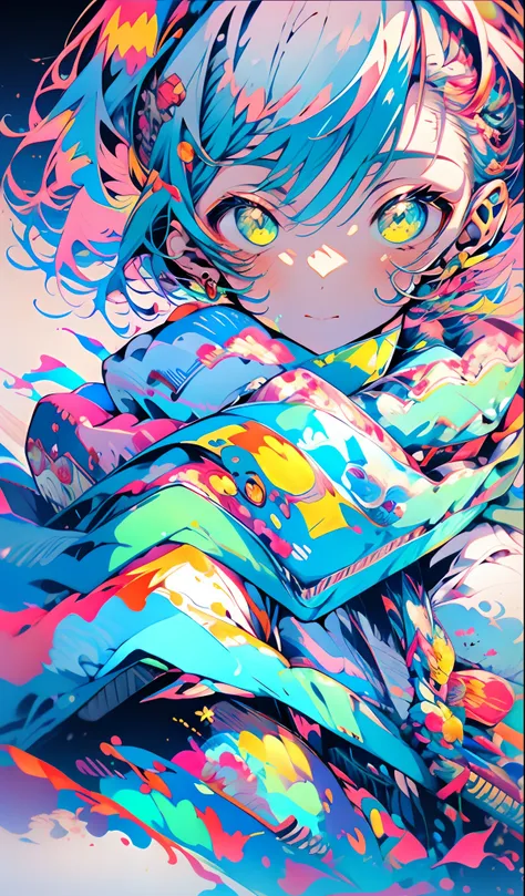 Anime girl with blue hair and cat ears sitting on colorful blanket, anime moe art style, anime monster girl, style of anime4 K, 2 d anime style, Anime Girl with Long Hair,demon anime girl, Mikudayo, Anime girl with teal hair