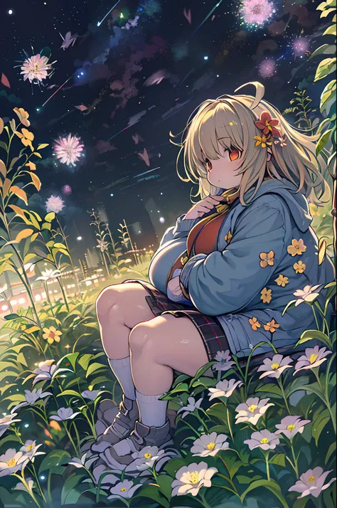 of the highest quality, high_resolution, Distinct_image, Detailed background, girl, flower, garden, Starry sky,、Huge chubby、Ultramammy、