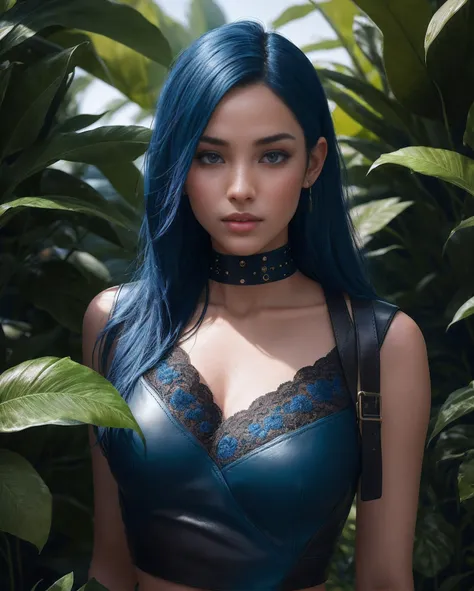 Fashion photo of blue human avatar, in the blue lush jungle with flowers and birds, 3d визуализация, .CGI, symmetric, Octane Render, 35 mm, bokeh, 9:16, (Complicated details: 1.12), HDR, (Complicated details, hyper-detailing: 1.15), (Natural leather textur...