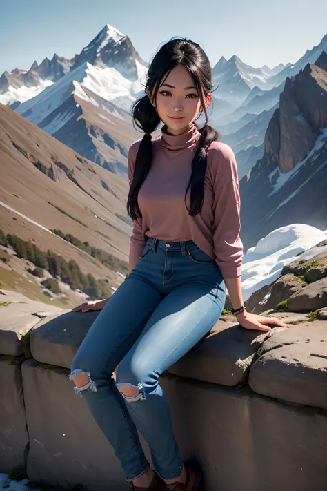 femele、35 year old、full body Esbian、Dark hair、poneyTail、smil、Blue jeans、Narrow-eyed、japanes、realisitic、Realistic、house wife、Summit of Mt、mountaineering、hiking、back lighting、the morning sun