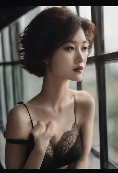 Chinese girl VN02, Shot on a Nikon Z7 II mirrorless camera,120 mm F/4 Wide angle Best quality, Masterpiece, Ultra detailed, Black silk lace transparent half bra，Black briefs，Grey Stockings, rendering by octane, Beautiful detailed eyes, ultra detailed hair,...