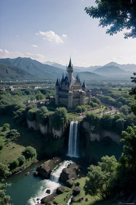 The area is hundreds of rai wide, with a large castle, surrounding mountains, and beautiful high waterfalls