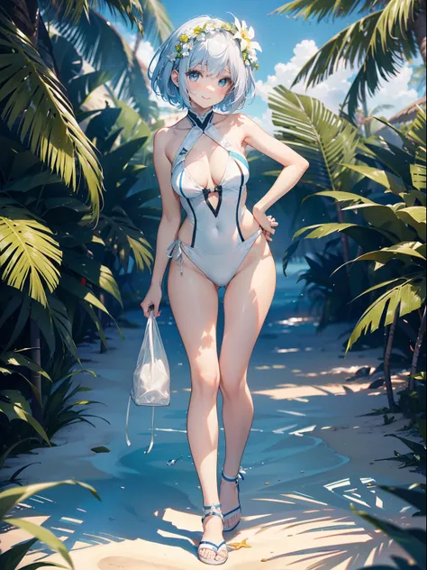 The ultra -The high-definition、high-level image quality、top-quality、Full limbs、complete fingers、Beautuful Women、1 persons、embarassed expression、ssmile、White swimwear、knee high、Indentation、Bery short hair、standingn、Grow legs、Summer Beach、cinematlic lighting