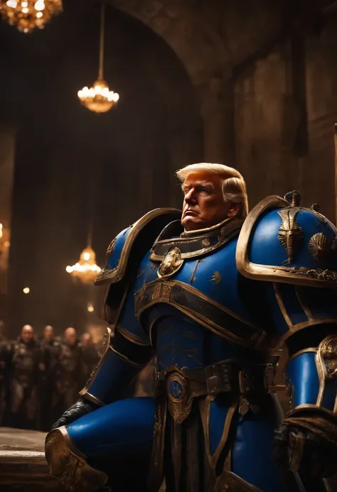 (best quality,highres,masterpiece:1.2),ultra-detailed,realistic,Donald Trump, Warhammer 40k Ultramarines, Terra, Horus, space marines, imperial palace, speech, march, group, powerful lighting, vibrant colors, epic scene, intense atmosphere, detailed armor,...