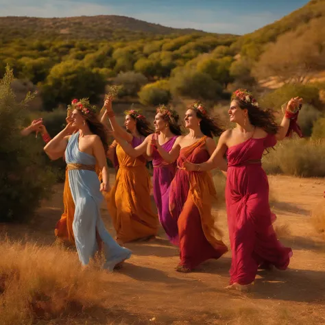 Greek Maenads in an Ancient Greek rural landscape, female devotees of Dionysus dancing in a frenzy