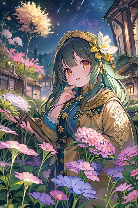 of the highest quality, high_resolution, Distinct_image, Detailed background, girl, flower, garden, Starry sky,、Huge chubby、Ultramammy、