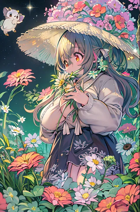 of the highest quality, high_resolution, Distinct_image, Detailed background, girl, flower, garden, Starry sky,、Huge chubby、Ultramammy、