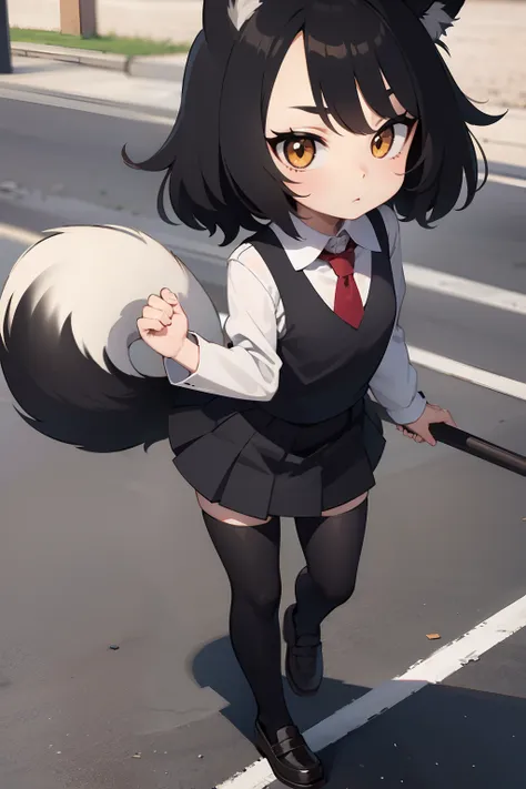 fox girl, black hair, school clothes, walking