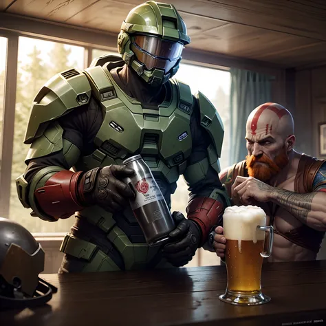 Master chief from halo with helmet drinking a beer with Kratos from God Of War without helmet