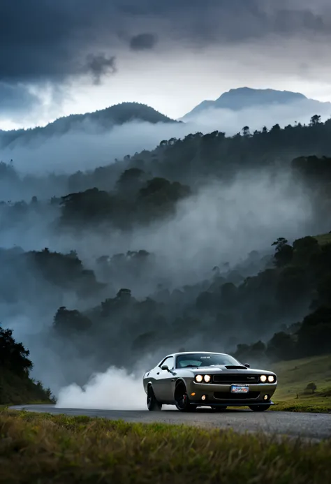 a stance modified with silver paint with a Blue line decal Dodge Challenger 1970 with TE37 gunmetal rims spun with front lamp on through the fog, drifting at the dark and foggy hills road in Indonesia with beautiful scenery landscape morning view sunrise, ...