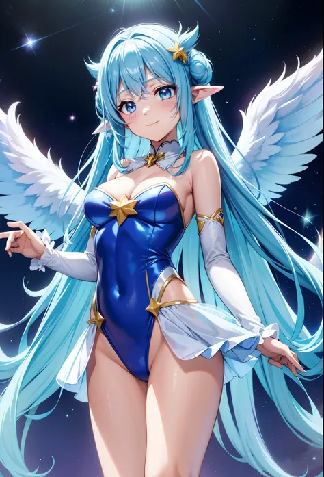 Super Idol　a beauty girl　A charming smile　sky blue hair　length hair　Twin-tailed　Glittery bright pink and white and blue and yellow leotards　facing front　7 colors of angel large wings on the back　Mystical　Fantasia　constellation　a moon　Crystal Brilliance　Aur...