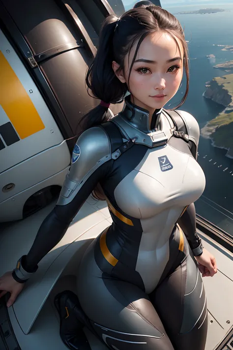 femele、35 year old、full body Esbian、Dark hair、　poneyTail、smil、pilotsuit、protector、helmets、Narrow-eyed、asian human、、realisitic、Realistic、house wife、Front of fuselage、、gentle wind、Runway、Chest bald、hangar、spaceships