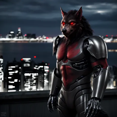 (best quality,4k,8k,highres,masterpiece:1.2),ultra-detailed,(realistic,photorealistic,photo-realistic:1.37),a werewolf wearing a cyborg armor, cityscape in the background with a blurred effect, looking at the viewer, eyes glowing red