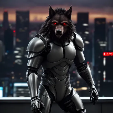 (best quality,4k,8k,highres,masterpiece:1.2),ultra-detailed,(realistic,photorealistic,photo-realistic:1.37),a werewolf wearing a cyborg armor, cityscape in the background with a blurred effect, looking at the viewer, eyes glowing red