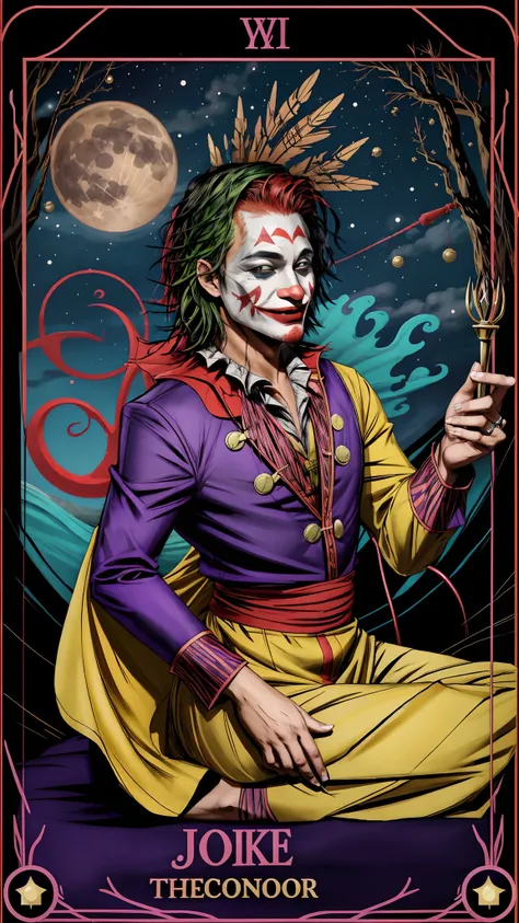 the joker tarot card heyoka - sacred clown, indigenous wisdom, trickster archetype, colorful attire, playful expression, spiritu...