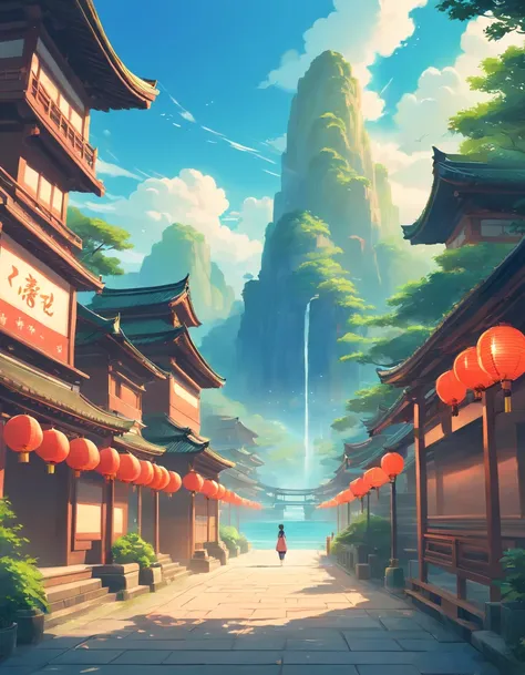 There is a picture，The painting depicts a dreamy landscape painting, zen temple background, Oriental Fantasy, landscape artwork, a temple background, background artwork, dreamy scene, detailed scenery —width 672, dreamy Chinese towns, Oriental wallpapers, ...