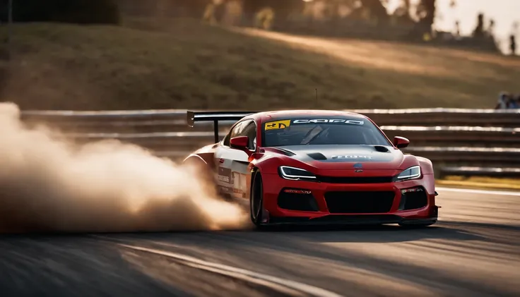 Create a captivating image of a realistic drift car in action, with the skilled driver at the helm. The camera perspective is set to a dynamic medium shot, capturing the intense connection between the driver and the car. Utilize a Nikon D850 paired with a ...