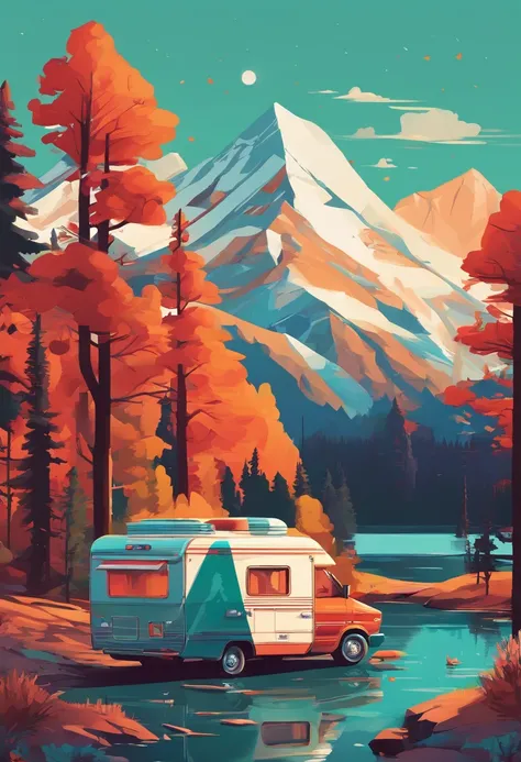 RV camping，Pop art，Albert Bierstadt，Great outdoor activities，Close-up shot，prime time，