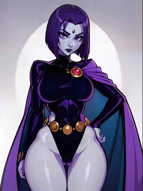 1girl,solo,RavenTT, dynamic post ,navy-blue cloak, brooch, leotard, belt,short hair,purple hair, purple eyes,black lipstick,grey skin,curvy,wide hips