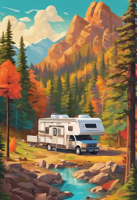 RV camping，Pop art，Albert Bierstadt，Great outdoor activities，Close-up shot，prime time，