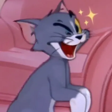 Cartoon cat sitting in chair，Open your mouth and stick out your tongue, Tom and Jerry, the cat is smiling, giddy smirk, disneys bambi cat, Jerry, grinning lasciviously, acrace catoon, joyful smirk, Sora as a cat, he is floundering, Playful giggle, a cat is...