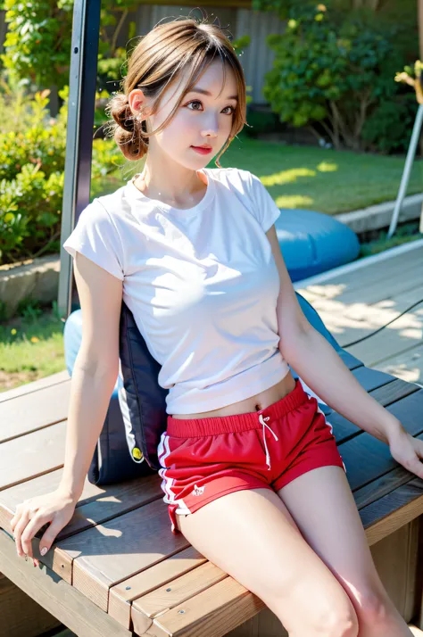 1girl in, a girl as a lifeguard, sitting in the sun on a white lifeguard tower, plain white shirt, red shorts, 8k, professionall...