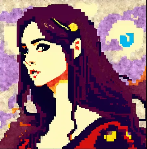 (pix) (Pixel art) (pixal style) Pixel art, Horror, medieval times, The cloudy, gotik,low res, pixilated, limited palette, dither shading，Slim figure，brunette color hair，blackigeyes，Comely