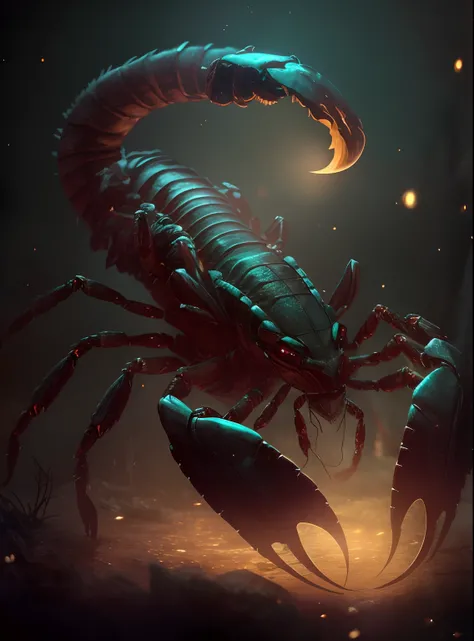 Scorpion in the dark，Eyes and paws glow, amazing space creature 4 k,Scorpion in the dark，Eyes and paws glow, amazing space creature 4 k, Masterpiece，Best quality，Extremely detailed 8k wallpaper，Space creatures，Scorpio，Scorpio，Zodiac sign Scorpio，mkscorpion...