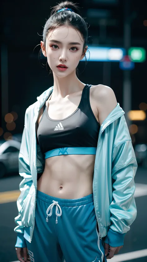 sports bra blue, sports jacket, sport pants , ( cyberpunk environment:1.2),makeup,, (1 girl:1.4),best quality, masterpiece, (realistic:1.2), young woman, a lady, detailed face, detailed eyes, detailed hair, detailed skin,look at viewer, dramatic, vibrant, ...