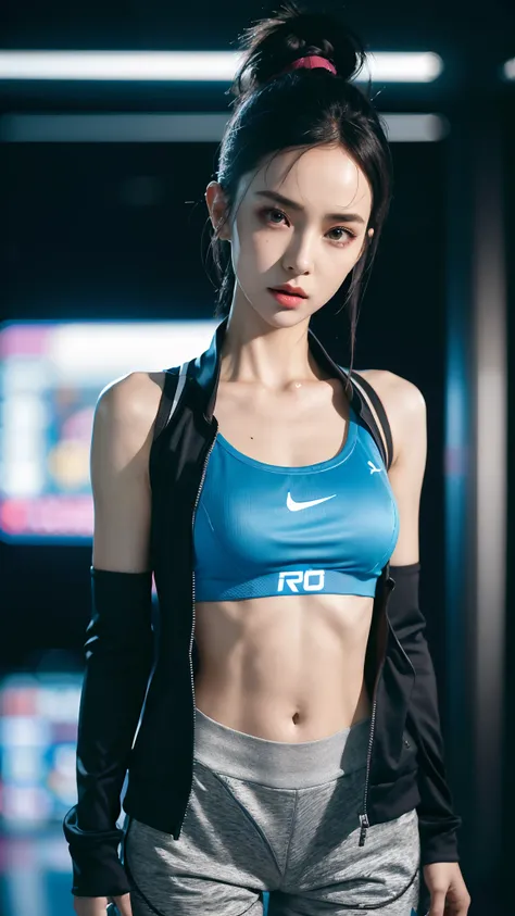 sports bra blue, sports jacket, sport pants , ( cyberpunk environment:1.2),makeup,, (1 girl:1.4),best quality, masterpiece, (realistic:1.2), young woman, a lady, detailed face, detailed eyes, detailed hair, detailed skin,look at viewer, dramatic, vibrant, ...